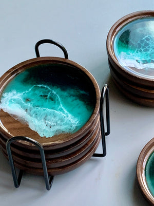 Emerald Seascape Wooden Coasters: Set of 4