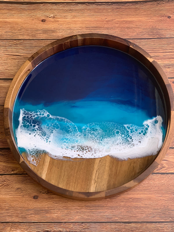 Acacia Wooden Tray: Blue Ocean - SAADIA.ART