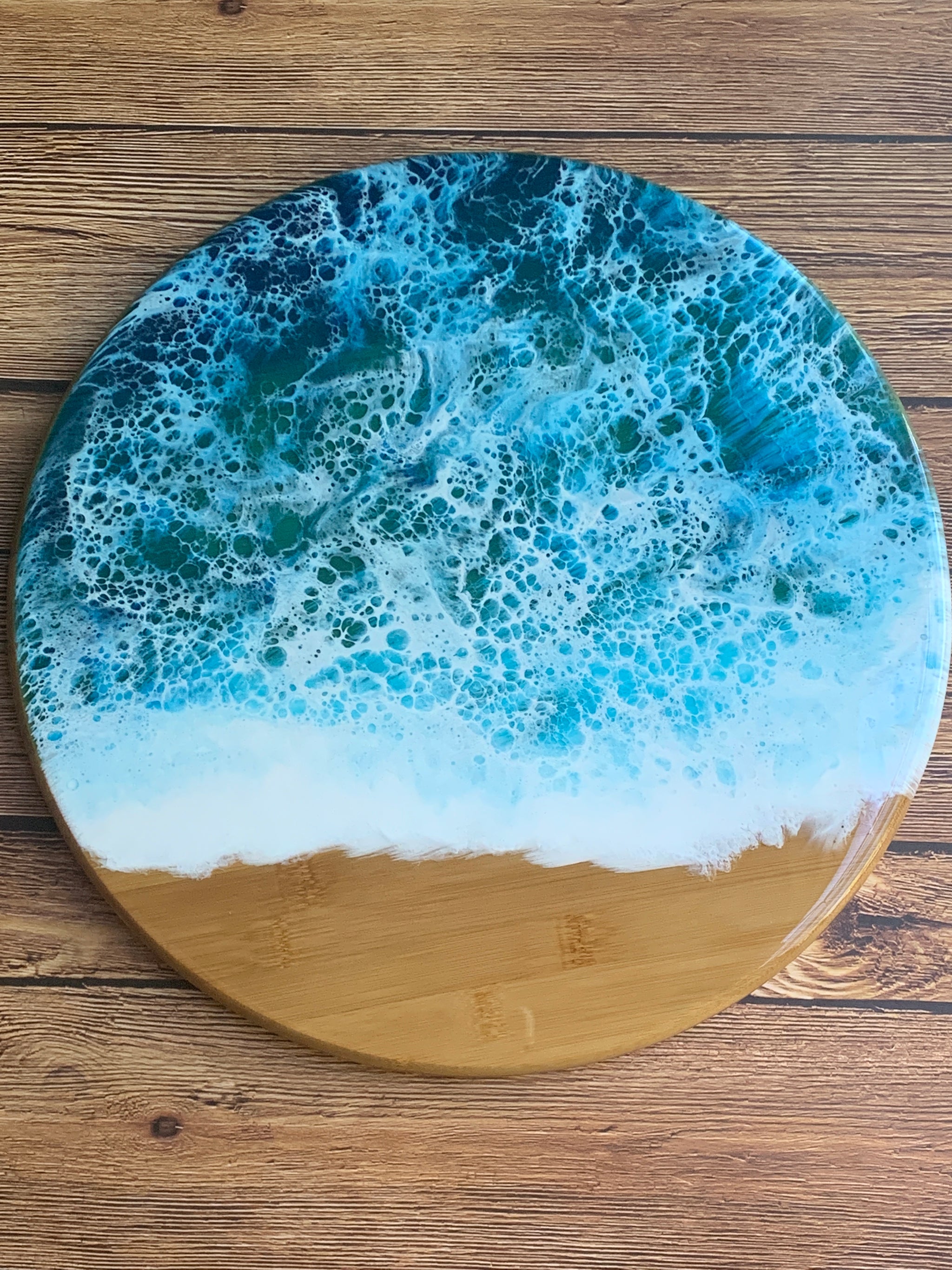 Ocean Turquoise and Green Geode Lazy Susan, Hand Poured Food Safe Epoxy  Resin on Bamboo, Geode Art, Geode Epoxy Resin, Housewarming Gift. 