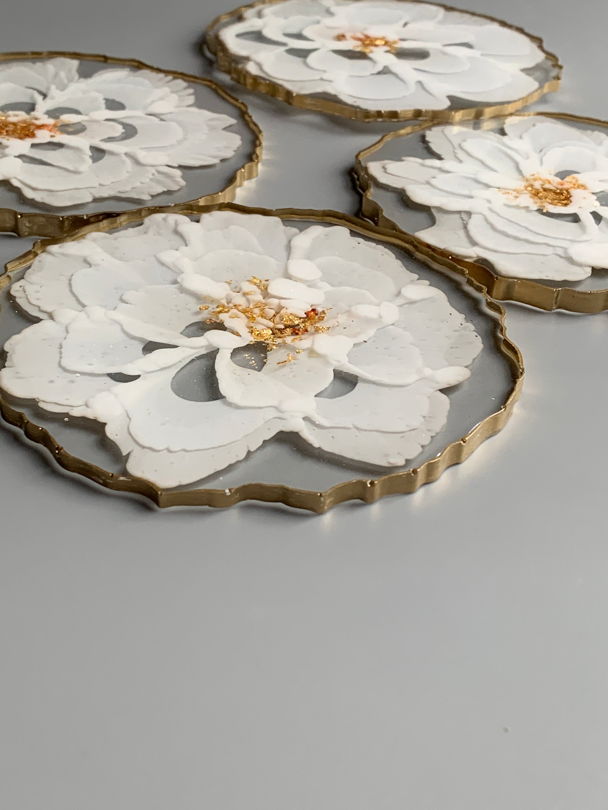 White Floral and Gold Flake Resin Coasters 